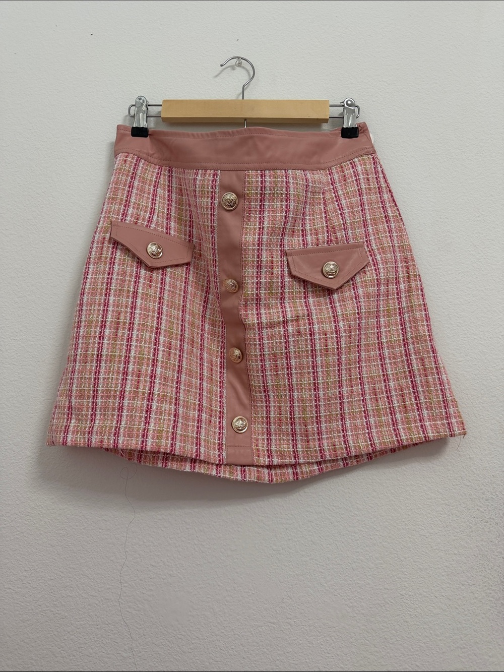 Pink Tweed Button-Front Mini Skirt with Gold-Tone Buttons